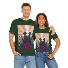 Load image into Gallery viewer, T-shirt with an Australian and New Zealand soldier back to back with light-horsemen in the background and poppies in the foreground