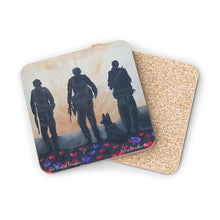Load image into Gallery viewer, Corkwood underside, glossy finish on top. 1 or 4 pc sets. 9.5 x 9.5cm. ANZAC Soldiers & dog in a poppy field w/ an F-18 jet