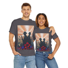 Load image into Gallery viewer, T-shirt with an Australian and New Zealand soldier back to back with light-horsemen in the background and poppies in the foreground