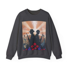 Load image into Gallery viewer, Sweatshirt with an Australian and New Zealand soldier back to back with light-horsemen in the background and poppies in the foreground