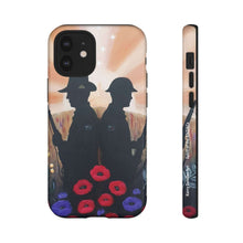 Load image into Gallery viewer, Phone case with an Australian and New Zealand soldier back to back with light-horsemen in the background and poppies in the foreground