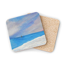 Load image into Gallery viewer, Corkwood underside, glossy finish on top. 1 or 4 pc sets. 9.5 x 9.5cm. Sunset at iconic Cottesloe Beach, Western Australia.