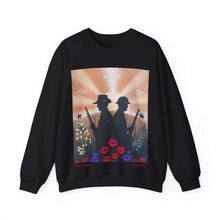 Load image into Gallery viewer, Sweatshirt with an Australian and New Zealand soldier back to back with light-horsemen in the background and poppies in the foreground