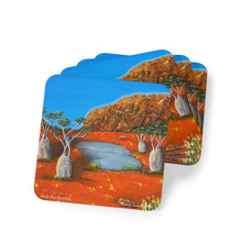 Load image into Gallery viewer, Corkwood underside, glossy finish on top. Available in 1 or 4 pc sets. 9.5 x 9.5cm. Outback Australia, Uluru, Boab trees, emu