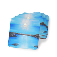 Load image into Gallery viewer, Corkwood underside, glossy finish on top. 1 or 4 pc sets. 9.5 x 9.5cm. Blue sea at sunset / sunrise
