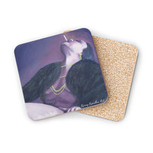Load image into Gallery viewer, Corkwood underside, glossy finish on top. 1 or 4pc sets. 9.5x9.5cm. Sexy woman reclining, fur coat, beads, cigarette in mouth