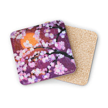 Load image into Gallery viewer, Corkwood underside, glossy finish on top. 1 or 4 pc sets. 9.5 x 9.5cm. Beautiful cherry blossom pink, purple & white flowers