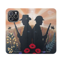 Load image into Gallery viewer, Phone case wallet with an Australian and New Zealand soldier back to back with light-horsemen in the background and poppies in the foreground