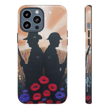 Load image into Gallery viewer, Phone case with an Australian and New Zealand soldier back to back with light-horsemen in the background and poppies in the foreground