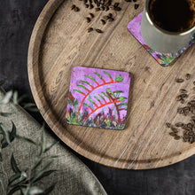 Load image into Gallery viewer, Corkwood underside, glossy finish on top. 1 or 4 pc sets. 9.5 x 9.5cm. Impressionistic painting of kangaroo paw flowers