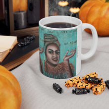 Load image into Gallery viewer, 11oz BPA, lead-free, microwave/dishwasher safe, white ceramic, vivid colours. Many original artworks by Kerry Sandhu Art