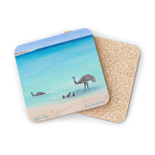 Load image into Gallery viewer, Corkwood underside, glossy finish on top. 1 or 4 pc sets. 9.5x9.5cm. Emus swim at a turquoise beach in Denham, West Australia