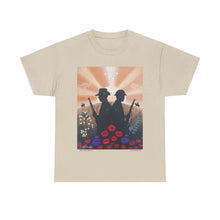 Load image into Gallery viewer, T-shirt with an Australian and New Zealand soldier back to back with light-horsemen in the background and poppies in the foreground