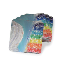 Load image into Gallery viewer, Corkwood underside, glossy finish on top. Available in 1 or 4 pc sets. 9.5 x 9.5cm. Angels wings & chakra coloured fountain