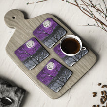 Load image into Gallery viewer, Corkwood underside, glossy finish on top. 1 or 4 pc sets. 9.5 x 9.5cm. Snowscape, tree & a full moon with a purple background
