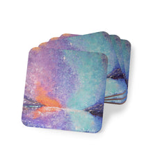 Load image into Gallery viewer, Corkwood underside, glossy finish on top. 1 or 4 pc sets. 9.5 x 9.5cm. Mystical colourful sky w/ a soul star guiding the way