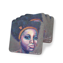 Load image into Gallery viewer, Corkwood underside, glossy finish on top. 1 or 4 pc sets. 9.5 x 9.5cm. Bold coloured portrait of a sassy woman with an afro