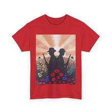 Load image into Gallery viewer, T-shirt with an Australian and New Zealand soldier back to back with light-horsemen in the background and poppies in the foreground