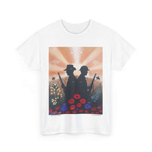 Load image into Gallery viewer, T-shirt with an Australian and New Zealand soldier back to back with light-horsemen in the background and poppies in the foreground