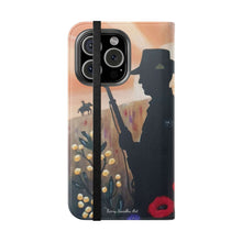 Load image into Gallery viewer, Phone case wallet with an Australian and New Zealand soldier back to back with light-horsemen in the background and poppies in the foreground