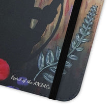 Load image into Gallery viewer, Phone case wallet with an Australian and New Zealand soldier back to back with light-horsemen in the background and poppies in the foreground