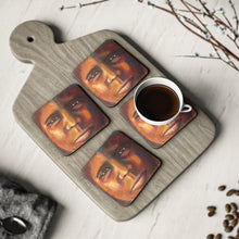 Load image into Gallery viewer, Corkwood underside, glossy finish on top. 1 or 4 pc sets. 9.5 x 9.5cm. Close up portrait of a First Nations Aboriginal