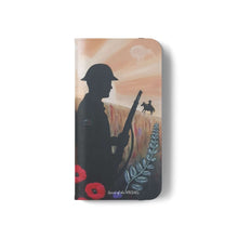 Load image into Gallery viewer, Phone case wallet with an Australian and New Zealand soldier back to back with light-horsemen in the background and poppies in the foreground