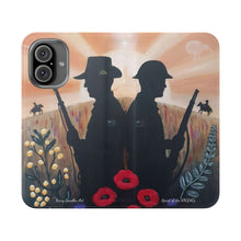 Load image into Gallery viewer, Phone case wallet with an Australian and New Zealand soldier back to back with light-horsemen in the background and poppies in the foreground