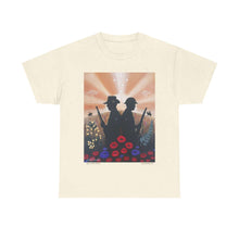 Load image into Gallery viewer, T-shirt with an Australian and New Zealand soldier back to back with light-horsemen in the background and poppies in the foreground