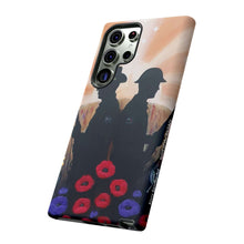 Load image into Gallery viewer, Phone case with an Australian and New Zealand soldier back to back with light-horsemen in the background and poppies in the foreground
