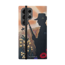 Load image into Gallery viewer, Phone case wallet with an Australian and New Zealand soldier back to back with light-horsemen in the background and poppies in the foreground