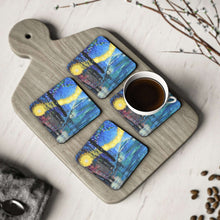 Load image into Gallery viewer, Corkwood underside, glossy finish on top. Available in 1 or 4 pc sets. 9.5 x 9.5cm. Colourful pathway of lights in the rain.