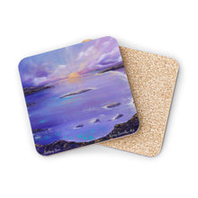 Load image into Gallery viewer, Corkwood underside, glossy finish on top. 1 or 4 pc sets. 9.5 x 9.5cm. Coastal sunset of beautiful purple hues and sunrays