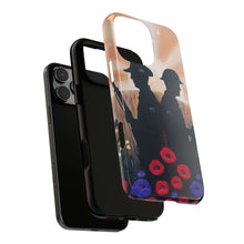 Load image into Gallery viewer, Phone case with an Australian and New Zealand soldier back to back with light-horsemen in the background and poppies in the foreground