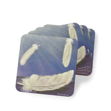 Load image into Gallery viewer, Corkwood underside, glossy finish on top. 1 or 4 pc sets. 9.5x9.5cm. 3 white angel feathers symbols of hope, faith in sunrays
