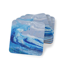 Load image into Gallery viewer, Corkwood underside, glossy finish on top. 1 or 4 pc sets. 9.5 x 9.5cm. Abstract fluid painting of a sea and wave