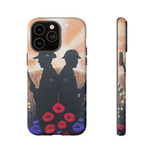 Load image into Gallery viewer, Phone case with an Australian and New Zealand soldier back to back with light-horsemen in the background and poppies in the foreground