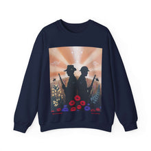 Load image into Gallery viewer, Sweatshirt with an Australian and New Zealand soldier back to back with light-horsemen in the background and poppies in the foreground