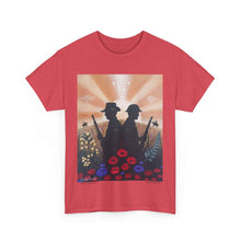 Load image into Gallery viewer, T-shirt with an Australian and New Zealand soldier back to back with light-horsemen in the background and poppies in the foreground