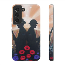 Load image into Gallery viewer, Phone case with an Australian and New Zealand soldier back to back with light-horsemen in the background and poppies in the foreground