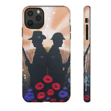 Load image into Gallery viewer, Phone case with an Australian and New Zealand soldier back to back with light-horsemen in the background and poppies in the foreground