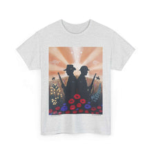Load image into Gallery viewer, T-shirt with an Australian and New Zealand soldier back to back with light-horsemen in the background and poppies in the foreground