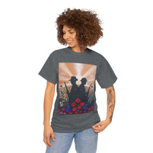 Load image into Gallery viewer, T-shirt with an Australian and New Zealand soldier back to back with light-horsemen in the background and poppies in the foreground