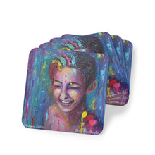 Load image into Gallery viewer, Corkwood underside, glossy finish on top. 1 or 4 pc sets. 9.5 x 9.5cm. Laughing female w/ paint splashes on her. LGBTQIA+
