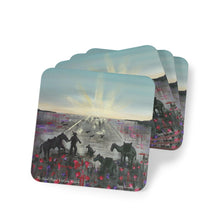 Load image into Gallery viewer, Corkwood underside, glossy finish on top. 1 or 4 pc sets. 9.5 x 9.5cm. ANZAC Soldier & animals walking through poppy field