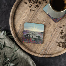 Load image into Gallery viewer, Corkwood underside, glossy finish on top. 1 or 4 pc sets. 9.5 x 9.5cm. ANZAC Soldier & animals walking through poppy field