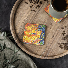 Load image into Gallery viewer, Corkwood underside, glossy finish on top. 1 or 4 pc sets. 9.5 x 9.5cm. Impressionistic painting of golden wattle flowers