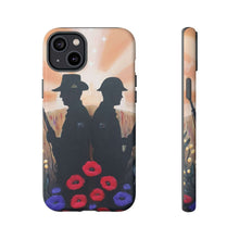 Load image into Gallery viewer, Phone case with an Australian and New Zealand soldier back to back with light-horsemen in the background and poppies in the foreground