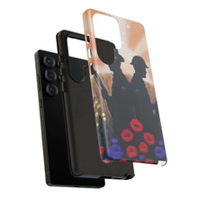 Load image into Gallery viewer, Phone case with an Australian and New Zealand soldier back to back with light-horsemen in the background and poppies in the foreground