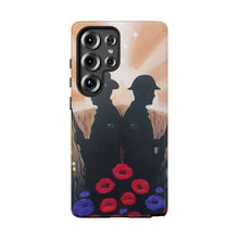 Load image into Gallery viewer, Phone case with an Australian and New Zealand soldier back to back with light-horsemen in the background and poppies in the foreground